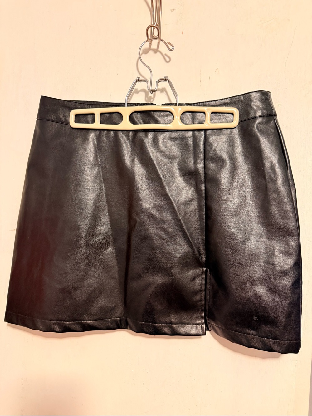 Classic Black Faux Leather Mini Skirt with Front Slit